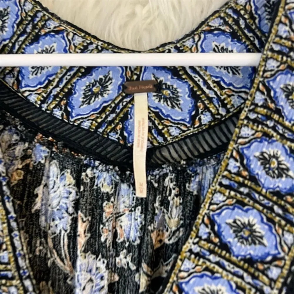 Free People Moonlight  Floral Tunic dress Blue V-Neck Long Sleeve M